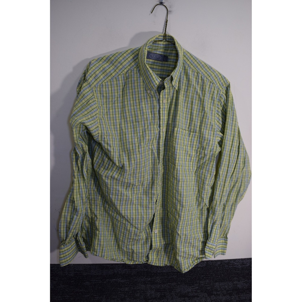 Talbots Mens Plaid Button Down Shirt Yellow Blue Green Long Sleeve Size M